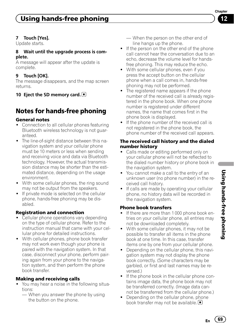 Notes for hands-free phoning, Notes for hands-free, Using hands-free phoning | Pioneer SUPER TUNER IIID AVIC-X9310BT User Manual | Page 69 / 232