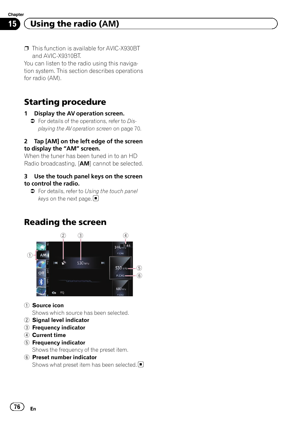 Using the radio (am) starting procedure, Reading the screen, Starting procedure | 15 using the radio (am) | Pioneer SUPER TUNER IIID AVIC-X9310BT User Manual | Page 76 / 232