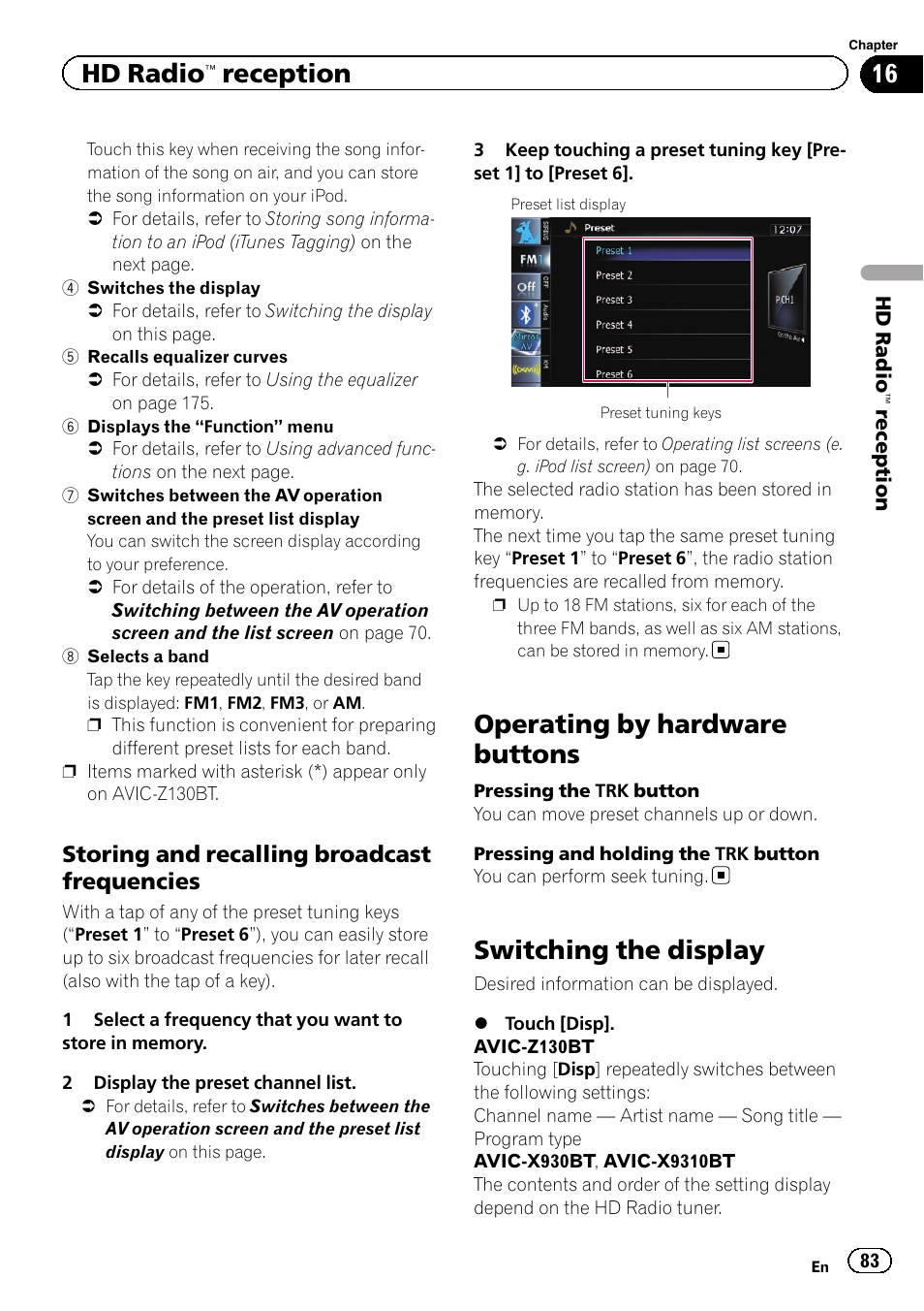 Storing and recalling broadcast, Frequencies, Operating by hardware buttons | Switching the display, Hd radio, Reception, Storing and recalling broadcast frequencies | Pioneer SUPER TUNER IIID AVIC-X9310BT User Manual | Page 83 / 232