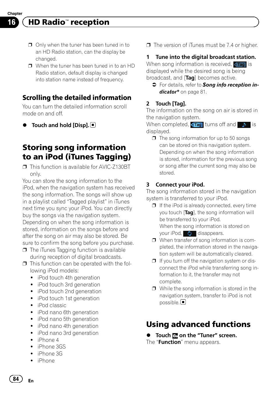 Scrolling the detailed information 84, Storing song information to an ipod (itunes, Tagging) | Using advanced functions, Storing song informa, Using advanced func, 16 hd radio, Reception, Scrolling the detailed information | Pioneer SUPER TUNER IIID AVIC-X9310BT User Manual | Page 84 / 232