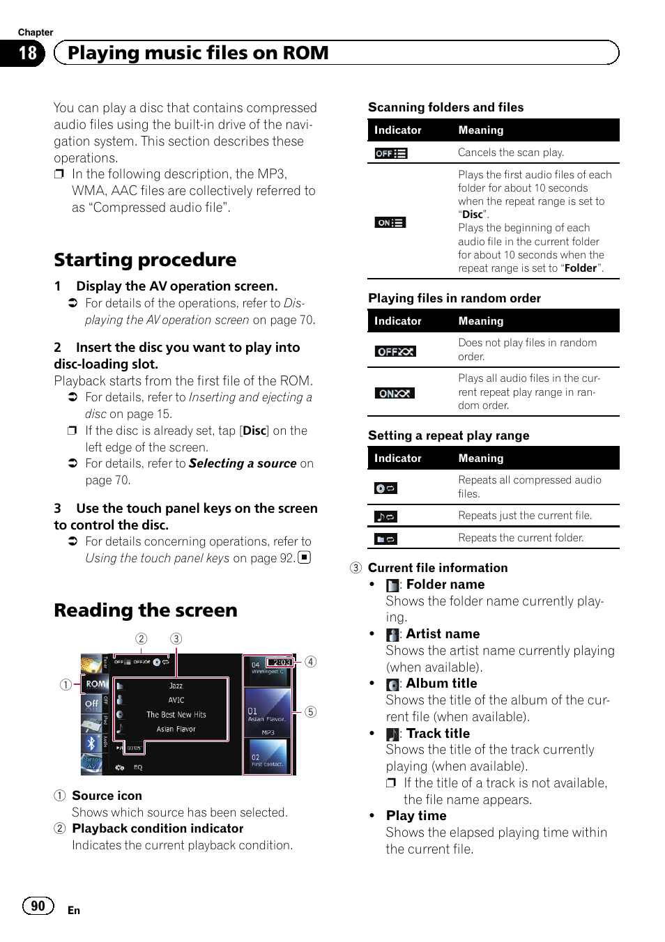 Playing music files on rom starting procedure, Reading the screen, Starting procedure | 18 playing music files on rom | Pioneer SUPER TUNER IIID AVIC-X9310BT User Manual | Page 90 / 232