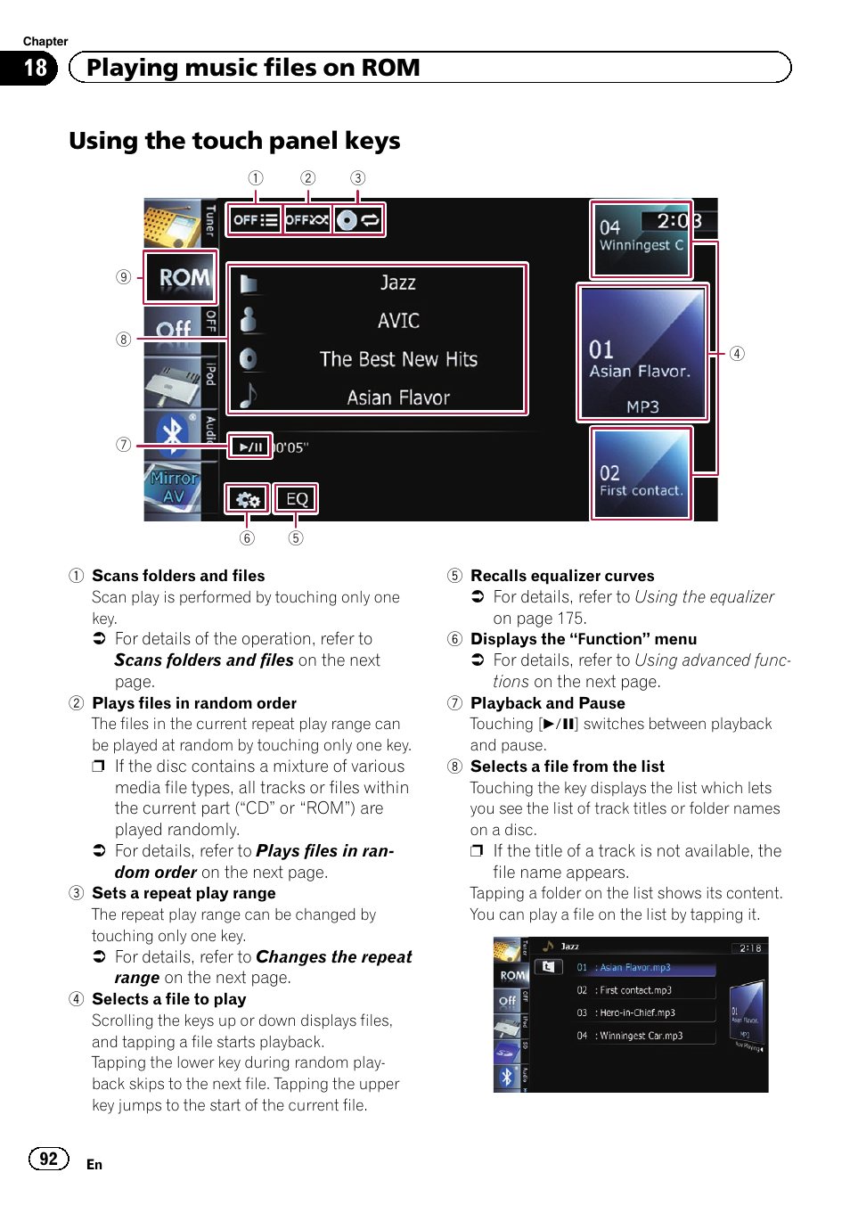 Using the touch panel keys, 18 playing music files on rom | Pioneer SUPER TUNER IIID AVIC-X9310BT User Manual | Page 92 / 232