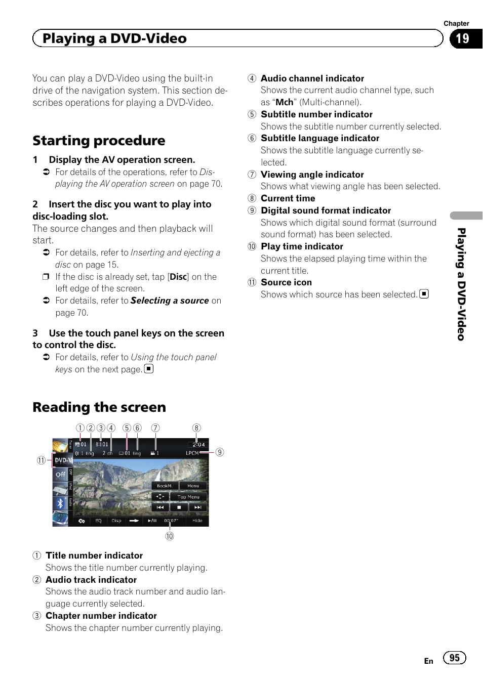 Playing a dvd-video starting procedure, Reading the screen, Starting procedure | Playing a dvd-video | Pioneer SUPER TUNER IIID AVIC-X9310BT User Manual | Page 95 / 232