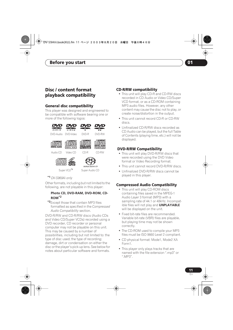 Disc / content format playback compatibility, General disc compatibility, Cd-r/rw compatibility | Dvd-r/rw compatibility, Compressed audio compatibility, Before you start 01 | Pioneer DV-S969AVi User Manual | Page 11 / 100