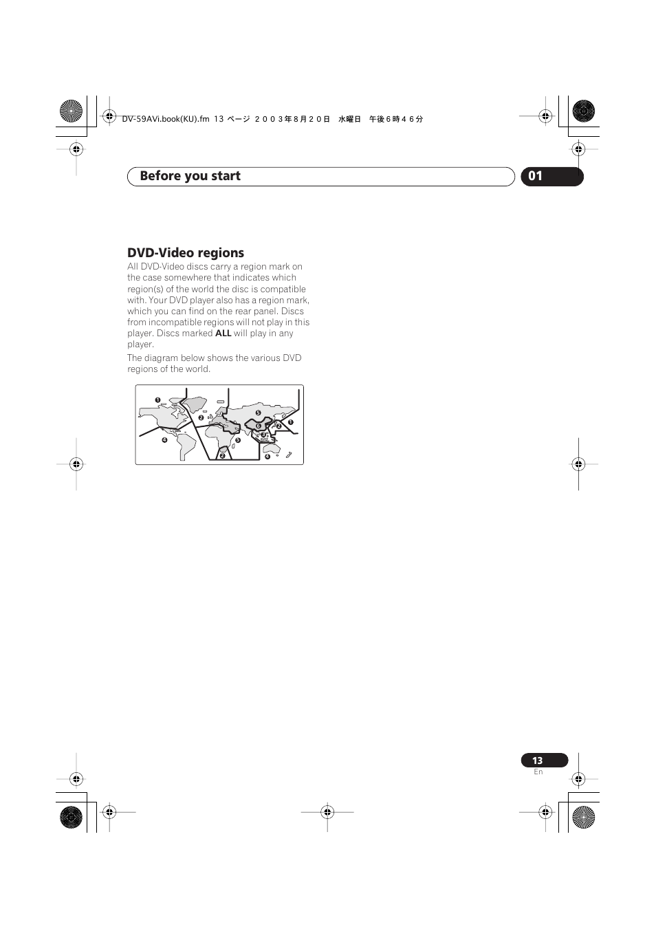 Dvd-video regions, Before you start 01 | Pioneer DV-S969AVi User Manual | Page 13 / 100