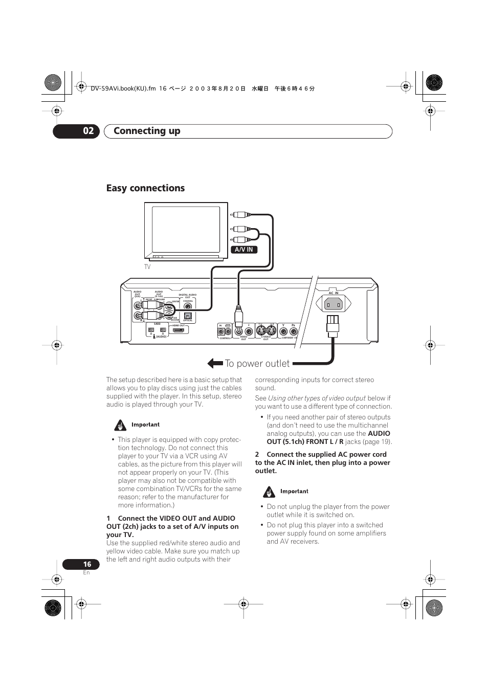 Easy connections, Connecting up 02, Using other types of video output | Audio out (5.1ch) front l / r, Jacks (page 19) | Pioneer DV-S969AVi User Manual | Page 16 / 100