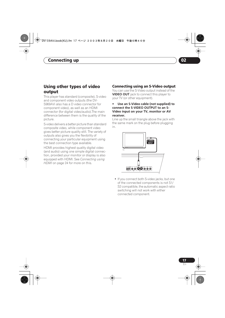Using other types of video output, Connecting using an s-video output, Connecting up 02 | Pioneer DV-S969AVi User Manual | Page 17 / 100