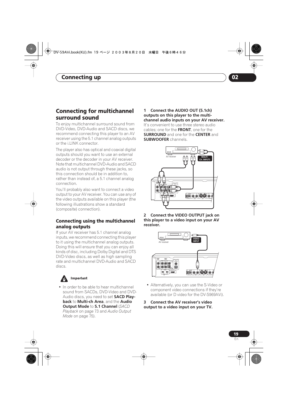 Connecting for multichannel surround sound, Connecting using the multichannel analog outputs, Connecting up 02 | Sacd play- back, Multi-ch area, And the, Audio output mode, 1 channel, Sacd playback, On page 73 and | Pioneer DV-S969AVi User Manual | Page 19 / 100