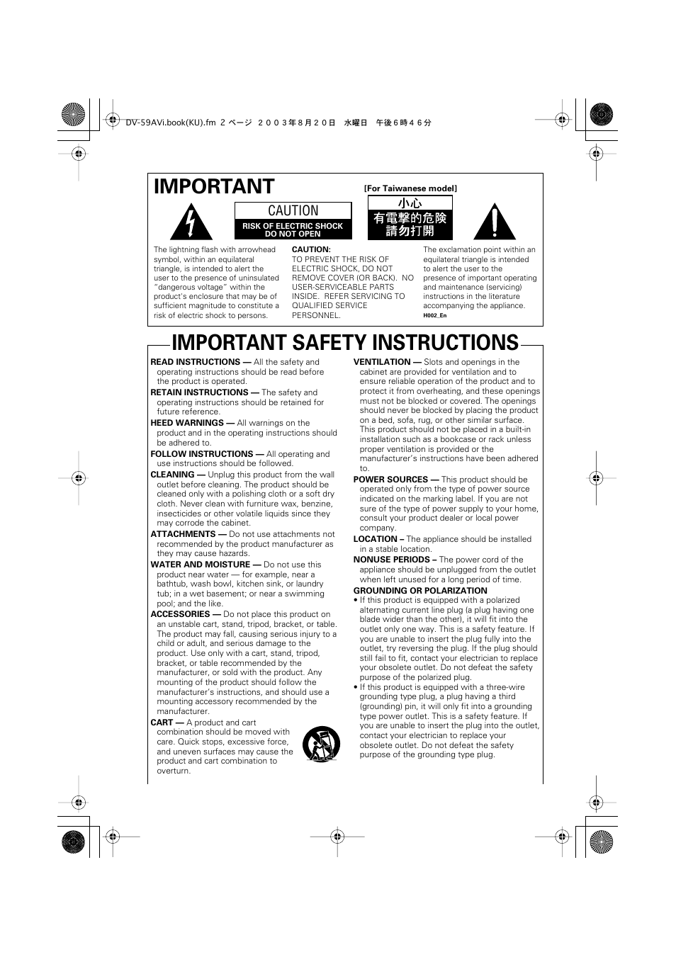 Important safety instructions, Important, Caution | Pioneer DV-S969AVi User Manual | Page 2 / 100