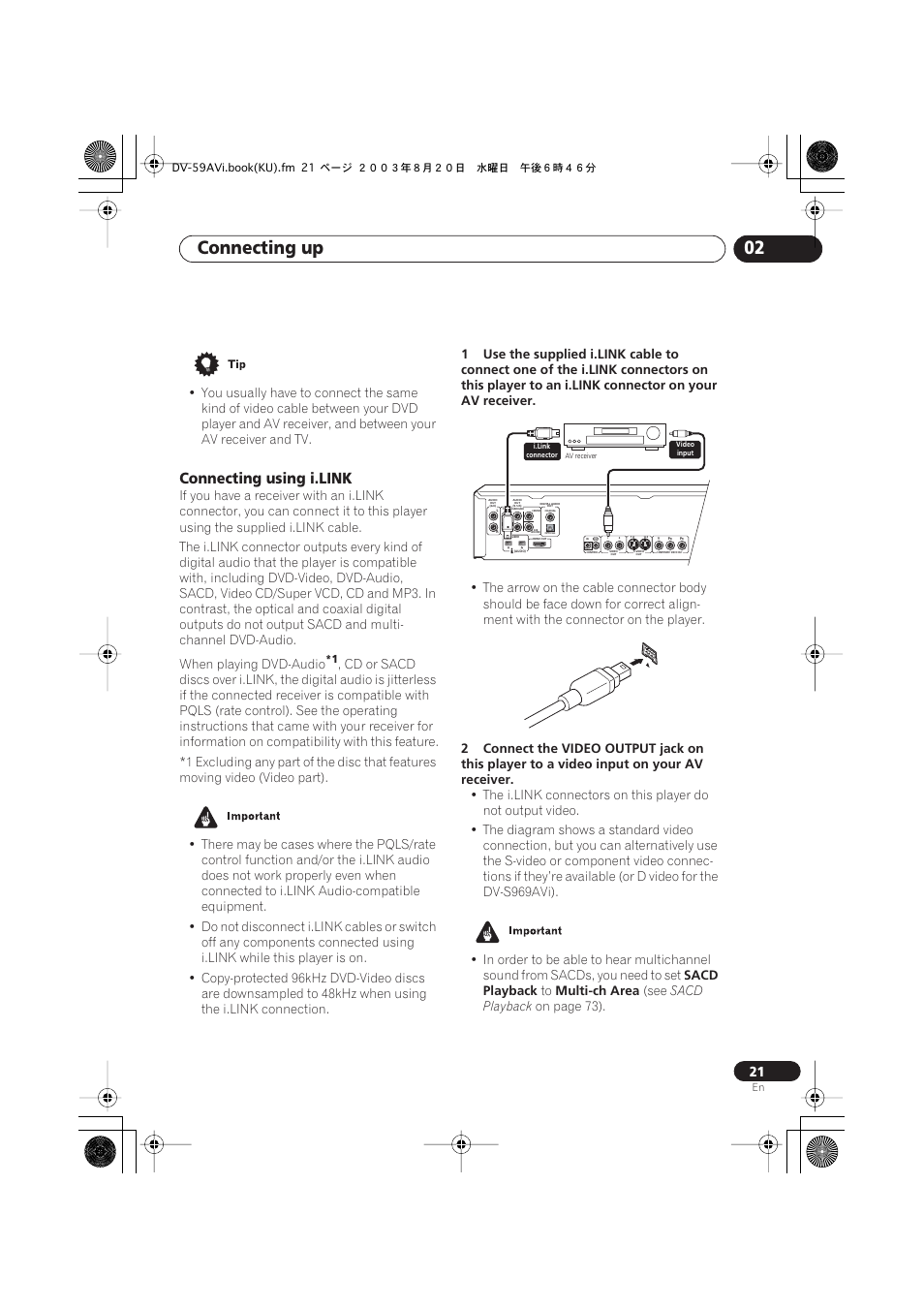 Connecting using i.link, Connecting up 02, Sacd playback | Multi-ch area, On page 73) | Pioneer DV-S969AVi User Manual | Page 21 / 100