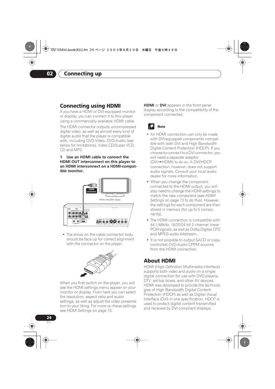 Connecting using hdmi, About hdmi, Connecting up 02 | Hdmi settings, On page 73, Hdmi | Pioneer DV-S969AVi User Manual | Page 24 / 100