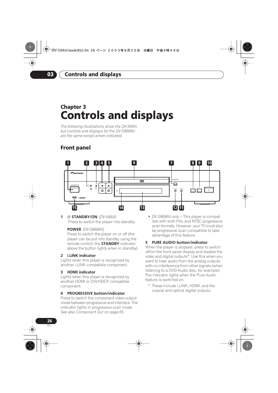 03 controls and displays, Front panel, Controls and displays | Controls and displays 03, Chapter 3 | Pioneer DV-S969AVi User Manual | Page 26 / 100