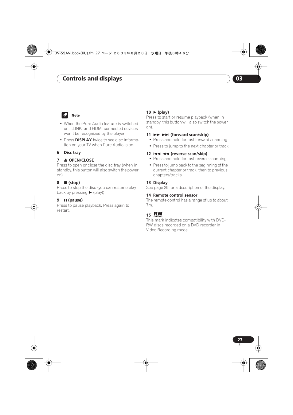 Controls and displays 03 | Pioneer DV-S969AVi User Manual | Page 27 / 100