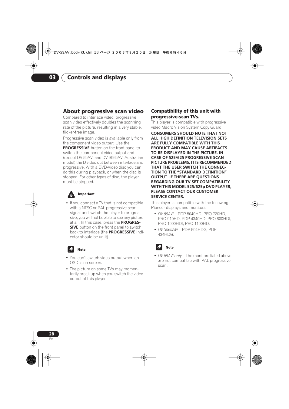 About progressive scan video, Controls and displays 03 | Pioneer DV-S969AVi User Manual | Page 28 / 100