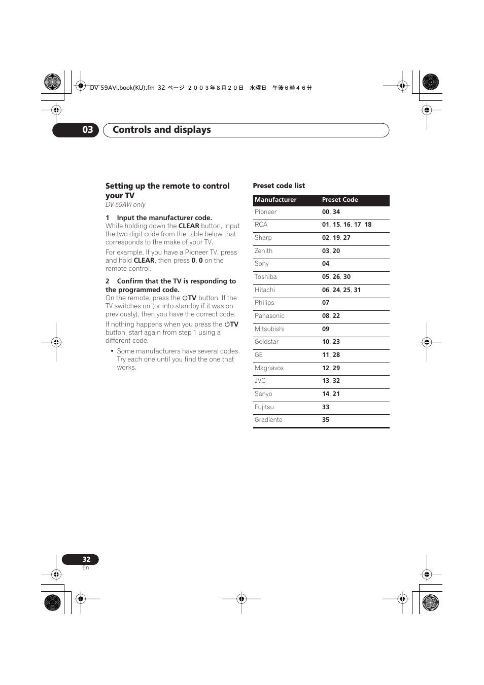 Setting up the remote to control your tv, Controls and displays 03 | Pioneer DV-S969AVi User Manual | Page 32 / 100