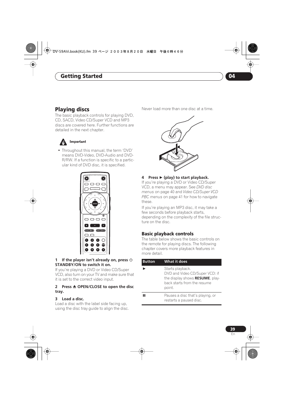 Playing discs, Basic playback controls, Getting started 04 | Pioneer DV-S969AVi User Manual | Page 39 / 100