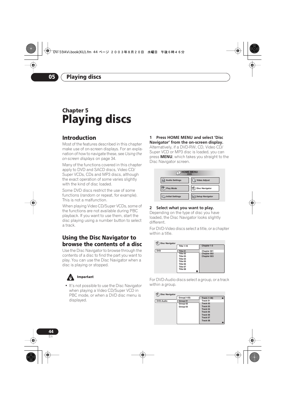 05 playing discs, Introduction, Playing discs | Playing discs 05, Chapter 5 | Pioneer DV-S969AVi User Manual | Page 44 / 100