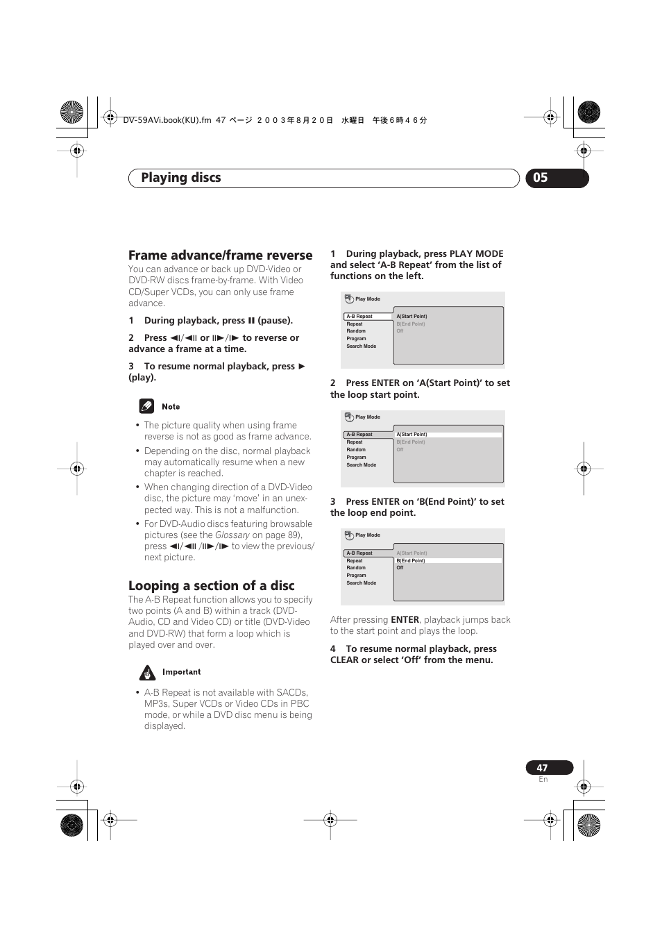 Frame advance/frame reverse, Looping a section of a disc, Playing discs 05 | Pioneer DV-S969AVi User Manual | Page 47 / 100