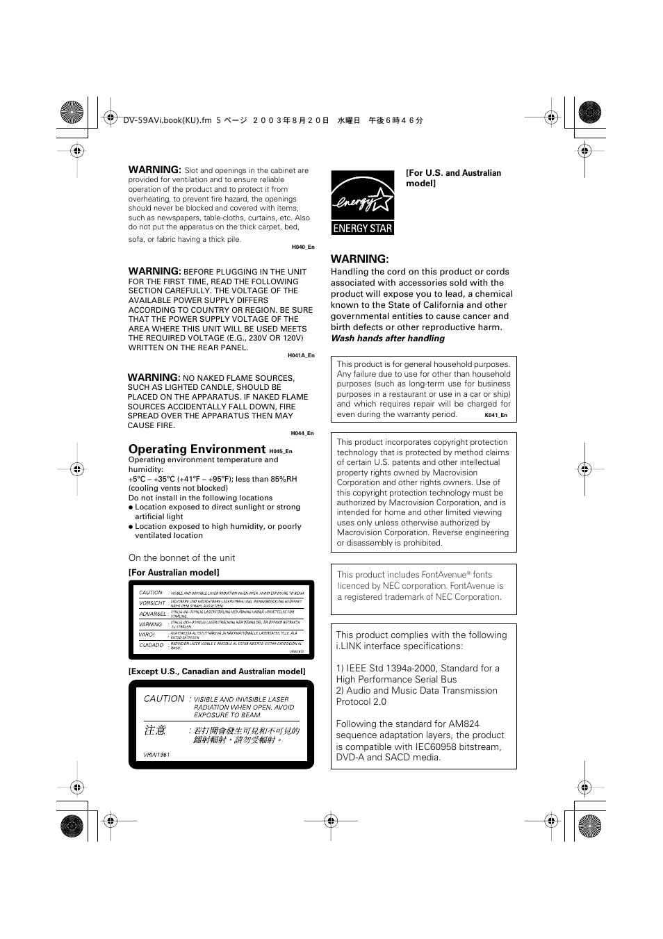 Operating environment, Warning | Pioneer DV-S969AVi User Manual | Page 5 / 100