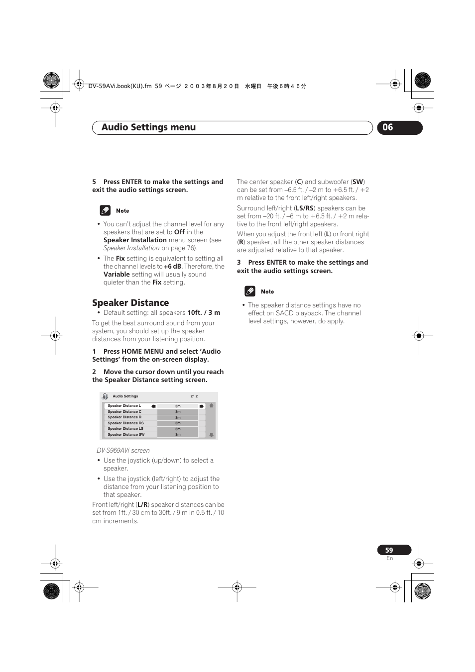 Speaker distance, Audio settings menu 06 | Pioneer DV-S969AVi User Manual | Page 59 / 100