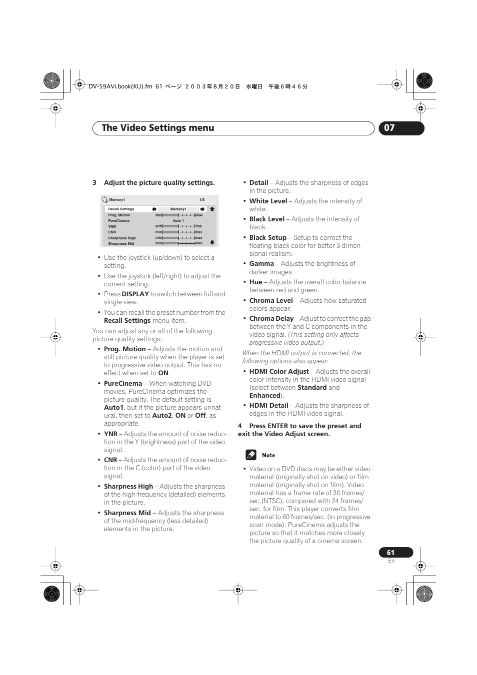 The video settings menu 07 | Pioneer DV-S969AVi User Manual | Page 61 / 100