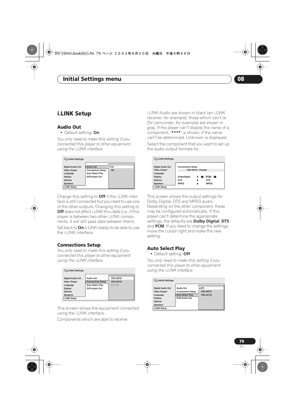 I.link setup, Audio out, Connections setup | Auto select play, Initial settings menu 08 | Pioneer DV-S969AVi User Manual | Page 79 / 100