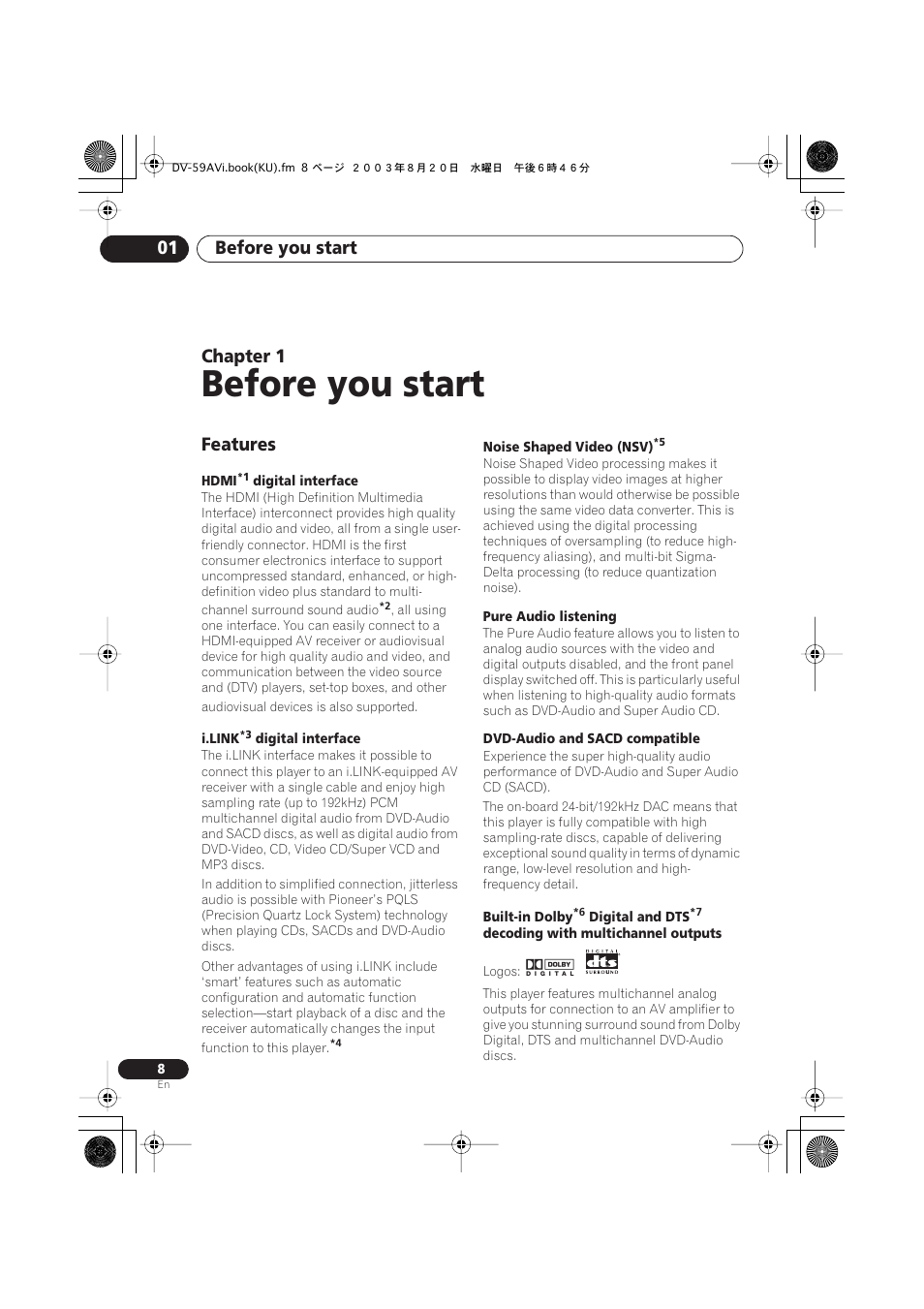 01 before you start, Features, Before you start | Before you start 01, Chapter 1 | Pioneer DV-S969AVi User Manual | Page 8 / 100