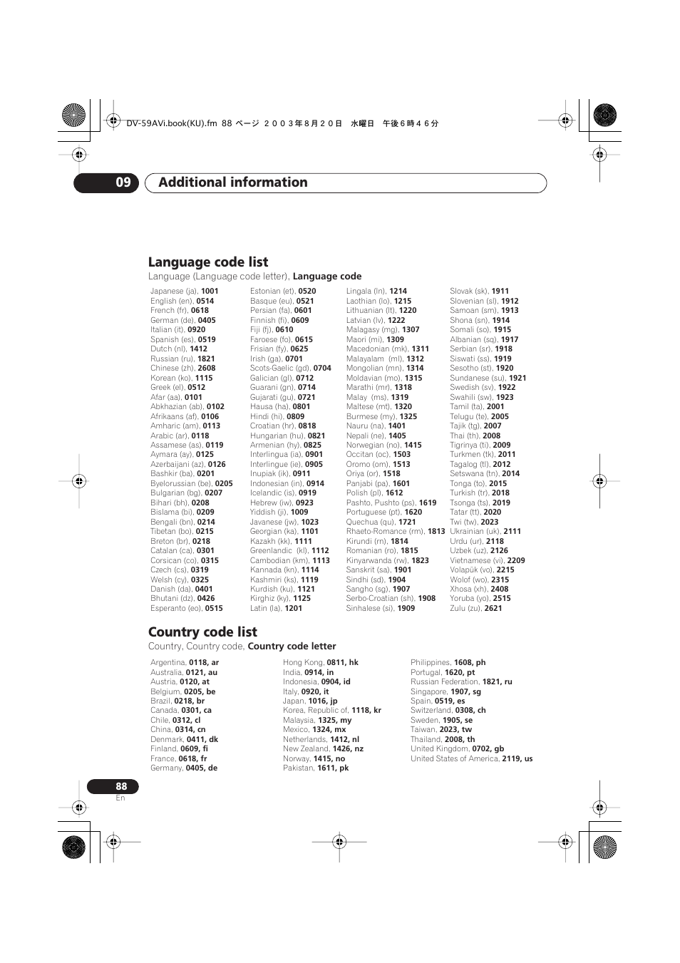 Language code list, Country code list, Additional information 09 | Pioneer DV-S969AVi User Manual | Page 88 / 100