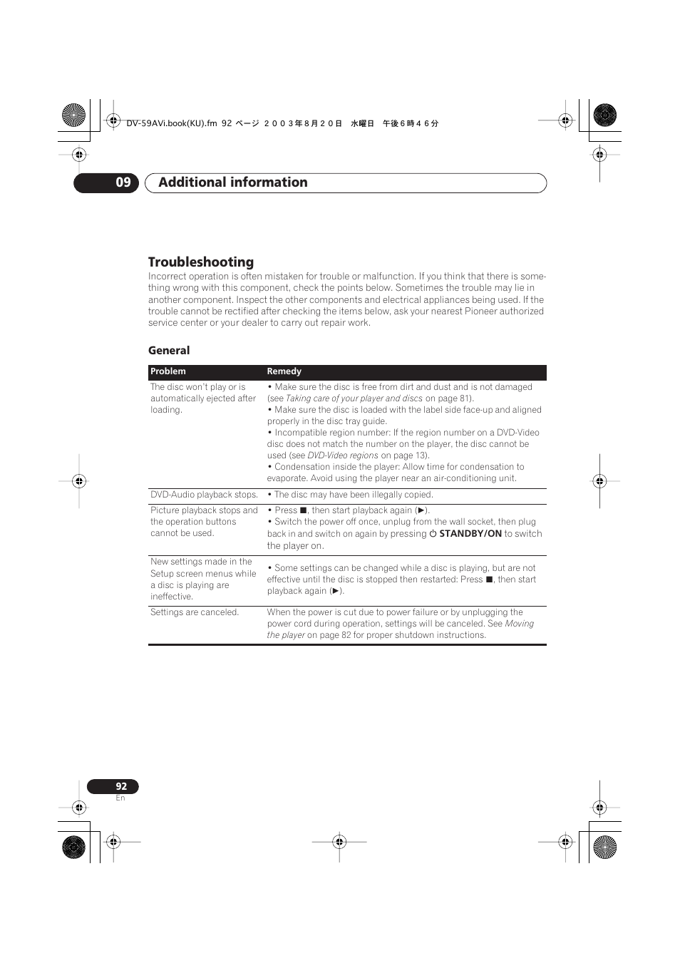 Troubleshooting, General, Additional information 09 | Pioneer DV-S969AVi User Manual | Page 92 / 100