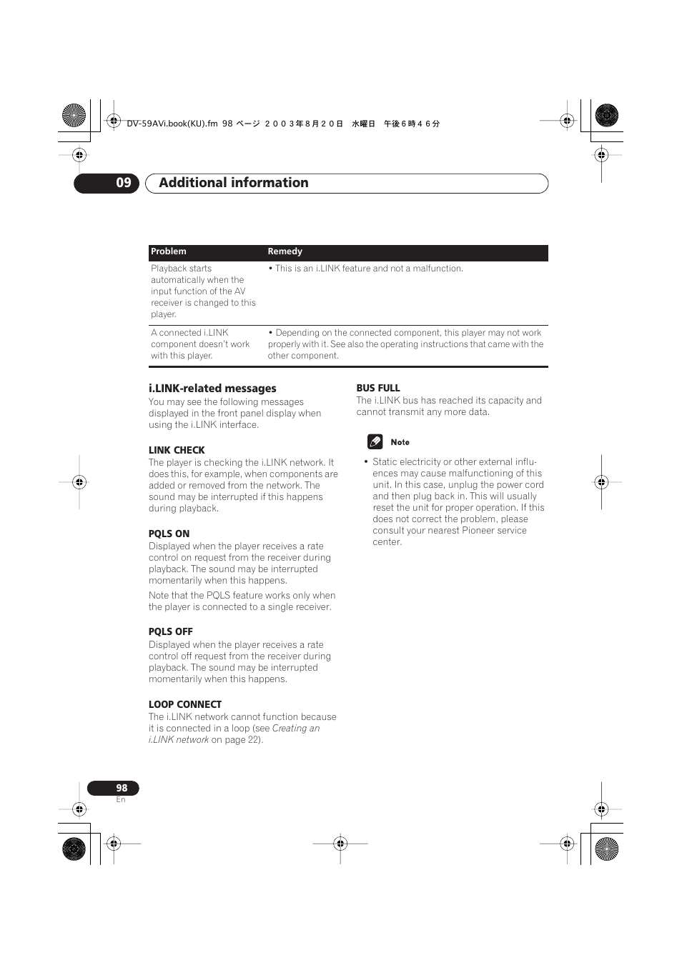 I.link-related messages, Additional information 09 | Pioneer DV-S969AVi User Manual | Page 98 / 100