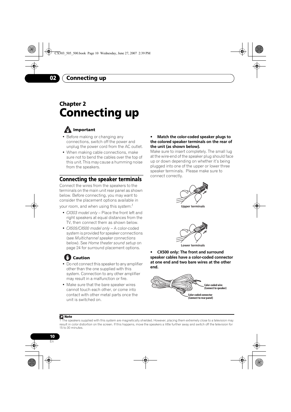Connecting up, Connecting up 02, Chapter 2 | Connecting the speaker terminals | Pioneer XV-CX303 User Manual | Page 10 / 60