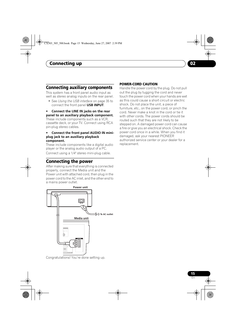 Connecting up 02, Connecting auxiliary components, Connecting the power | Pioneer XV-CX303 User Manual | Page 15 / 60