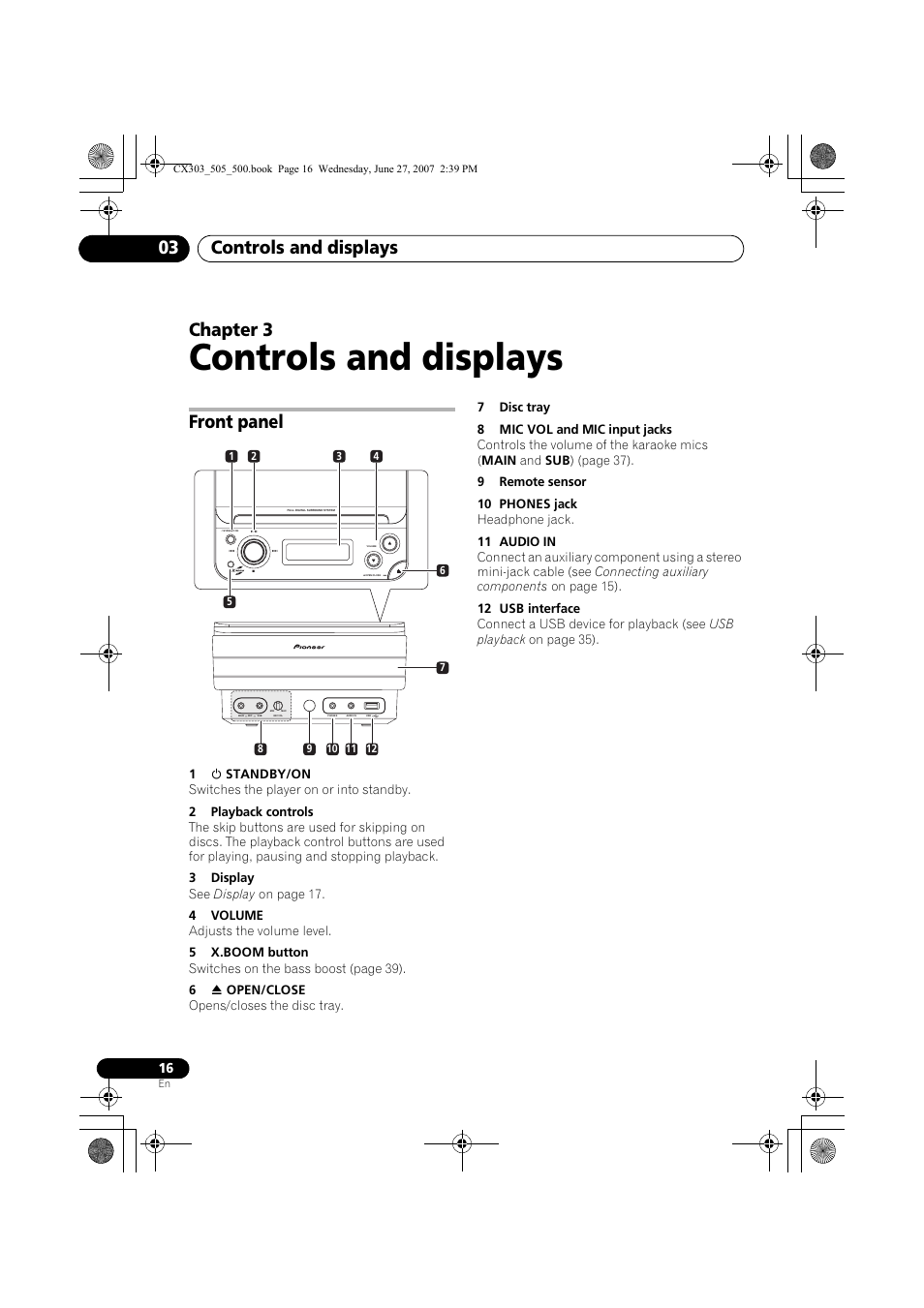 Controls and displays, Controls and displays 03, Chapter 3 | Front panel | Pioneer XV-CX303 User Manual | Page 16 / 60