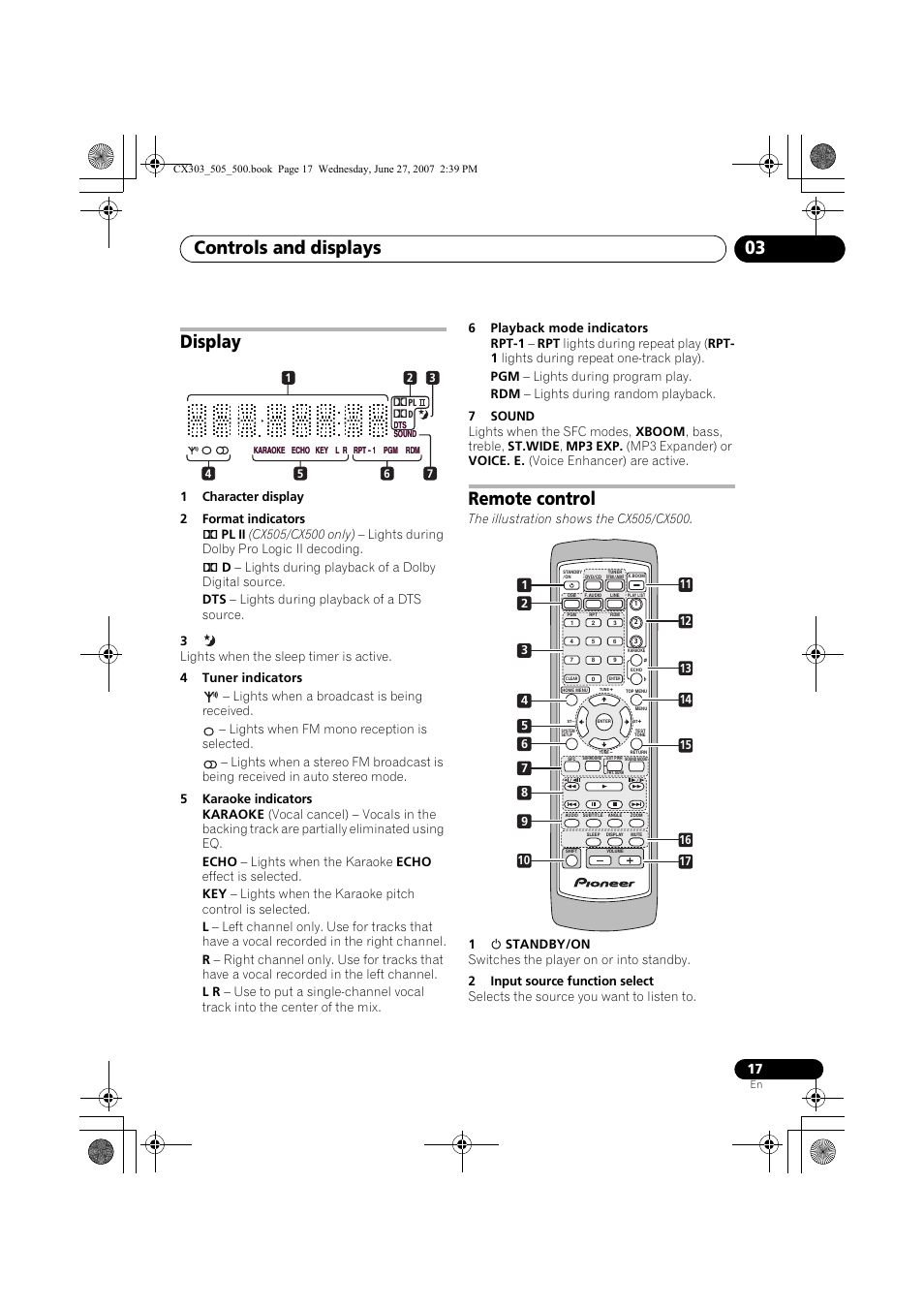 Controls and displays 03, Display, Remote control | Pioneer XV-CX303 User Manual | Page 17 / 60