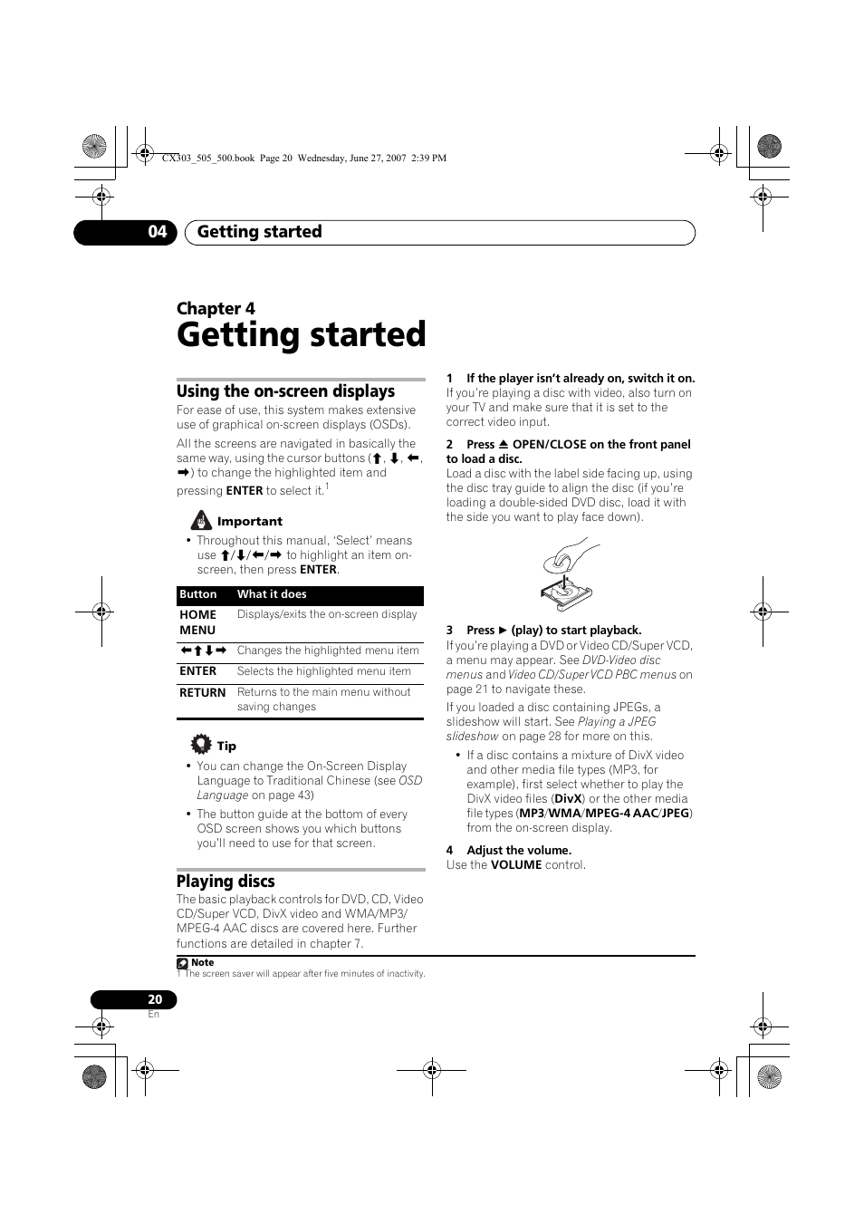 Getting started, Getting started 04, Chapter 4 | Using the on-screen displays, Playing discs | Pioneer XV-CX303 User Manual | Page 20 / 60
