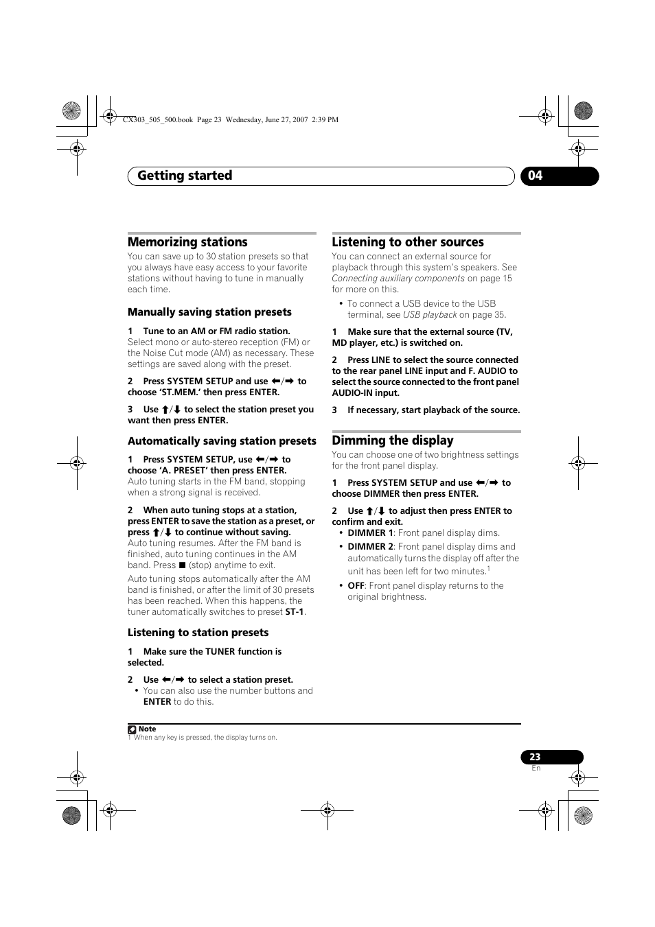 Getting started 04, Listening to other sources, Dimming the display | Pioneer XV-CX303 User Manual | Page 23 / 60