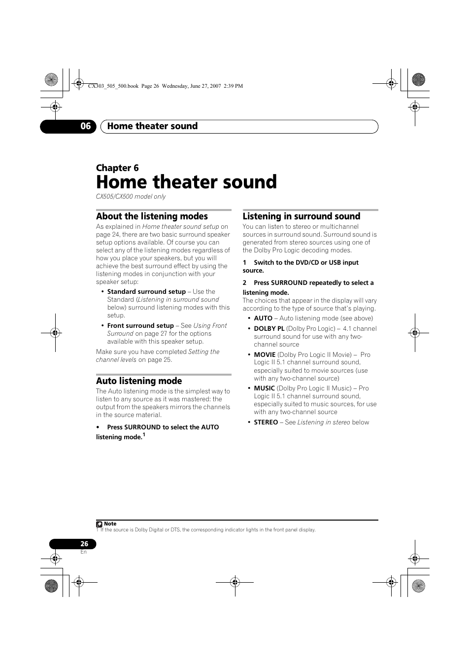 Home theater sound, Home theater sound 06, Chapter 6 | About the listening modes, Auto listening mode, Listening in surround sound | Pioneer XV-CX303 User Manual | Page 26 / 60