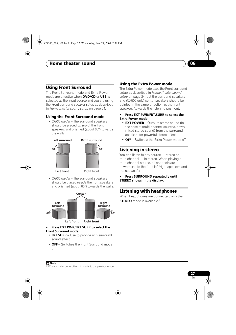 Home theater sound 06, Using front surround, Listening in stereo | Listening with headphones | Pioneer XV-CX303 User Manual | Page 27 / 60