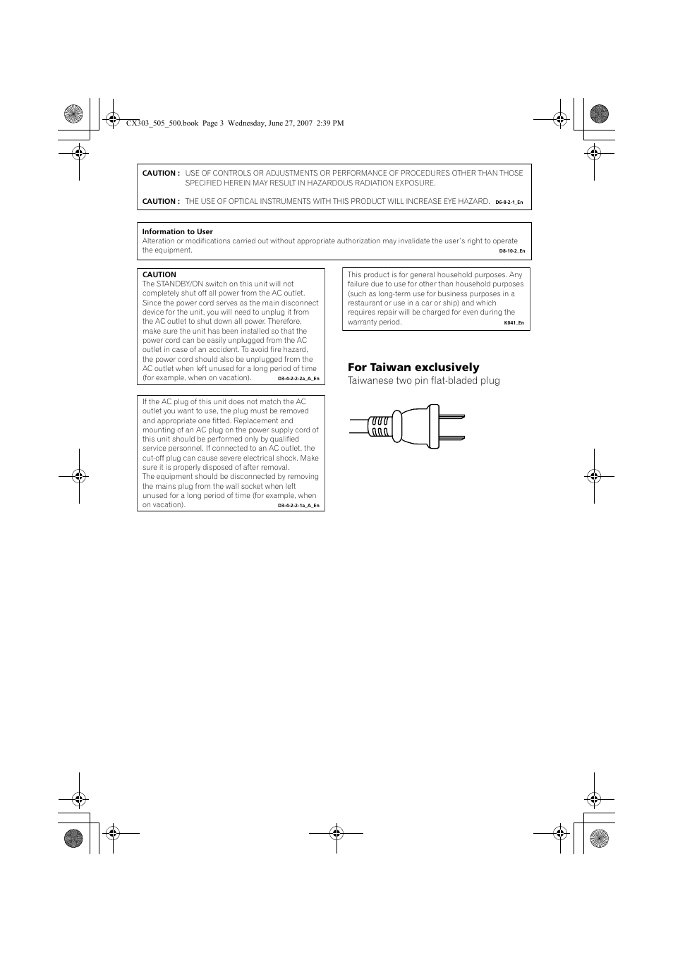 For taiwan exclusively, Taiwanese two pin flat-bladed plug | Pioneer XV-CX303 User Manual | Page 3 / 60
