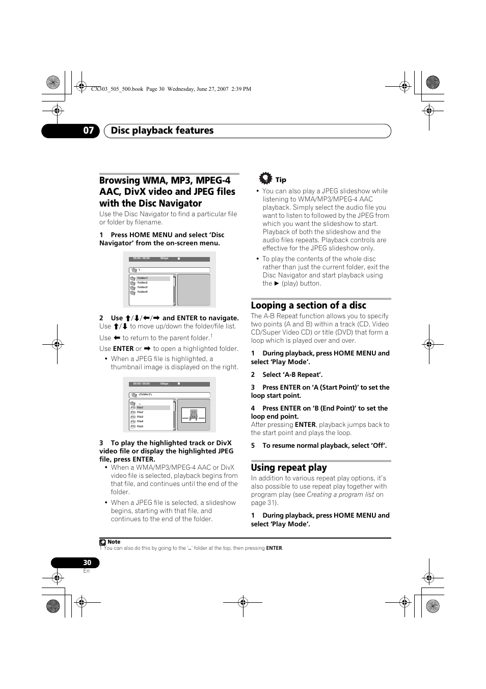 Disc playback features 07, Using repeat play | Pioneer XV-CX303 User Manual | Page 30 / 60