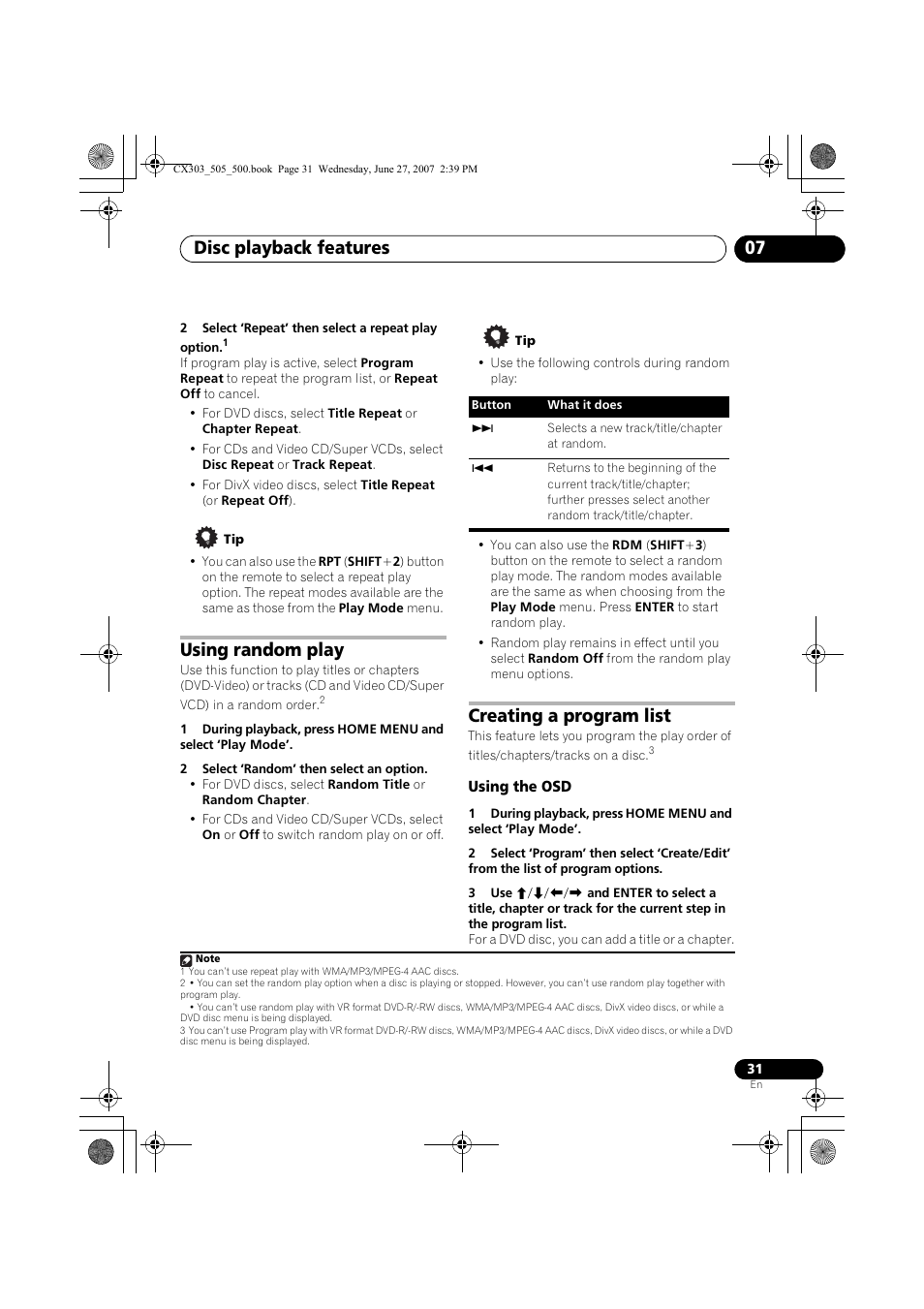 Disc playback features 07, Using random play, Creating a program list | Pioneer XV-CX303 User Manual | Page 31 / 60