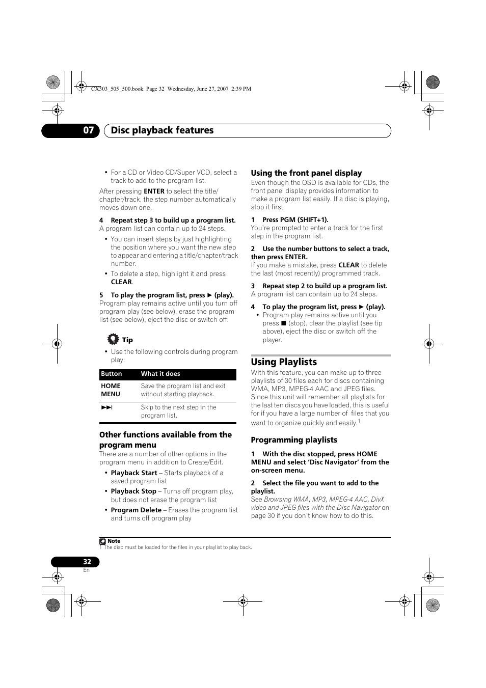 Disc playback features 07, Using playlists | Pioneer XV-CX303 User Manual | Page 32 / 60
