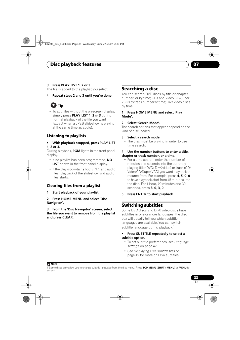 Disc playback features 07, Searching a disc, Switching subtitles | Pioneer XV-CX303 User Manual | Page 33 / 60