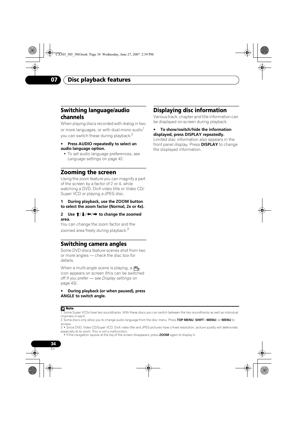 Disc playback features 07, Switching language/audio channels, Zooming the screen | Switching camera angles, Displaying disc information | Pioneer XV-CX303 User Manual | Page 34 / 60