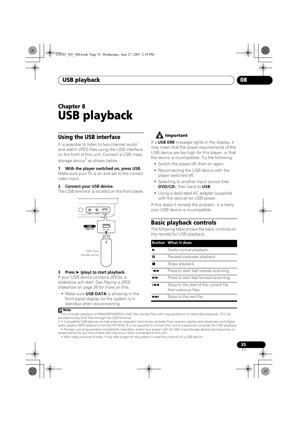 08 usb playback, Using the usb interface basic playback controls, Usb playback | Usb playback 08, Chapter 8, Using the usb interface, Basic playback controls | Pioneer XV-CX303 User Manual | Page 35 / 60