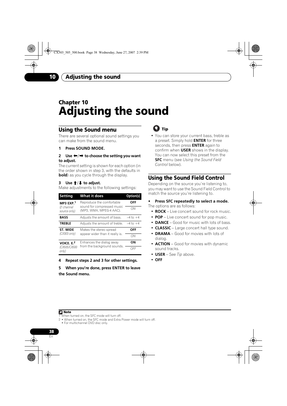 10 adjusting the sound, Using the sound menu using the sound field control, Adjusting the sound | Adjusting the sound 10, Chapter 10, Using the sound menu, Using the sound field control | Pioneer XV-CX303 User Manual | Page 38 / 60