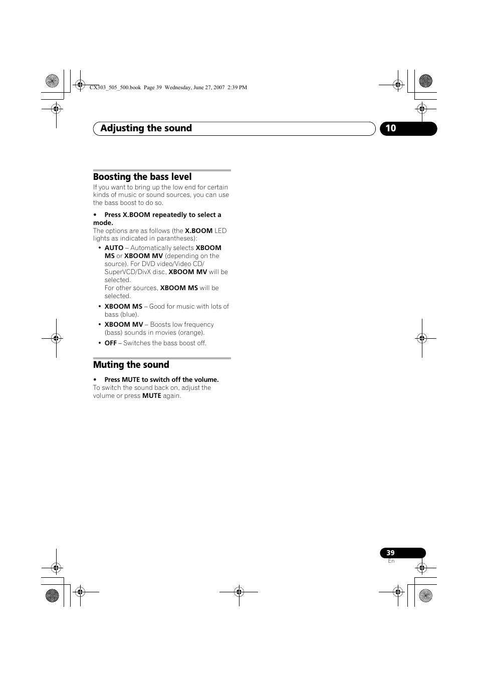 Boosting the bass level muting the sound, Adjusting the sound 10, Boosting the bass level | Muting the sound | Pioneer XV-CX303 User Manual | Page 39 / 60