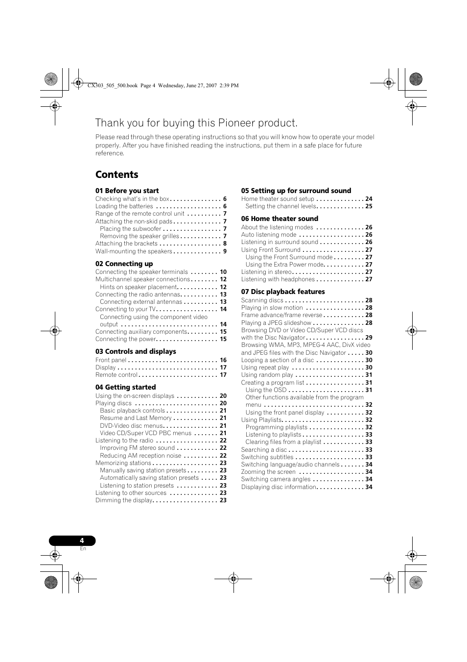 Operating instructions, Cx303, Dvd/cd receiver | Xv-cx303, Speaker system, S-cx303, Cx505, Xv-cx505, S-cx505, Cx500 | Pioneer XV-CX303 User Manual | Page 4 / 60