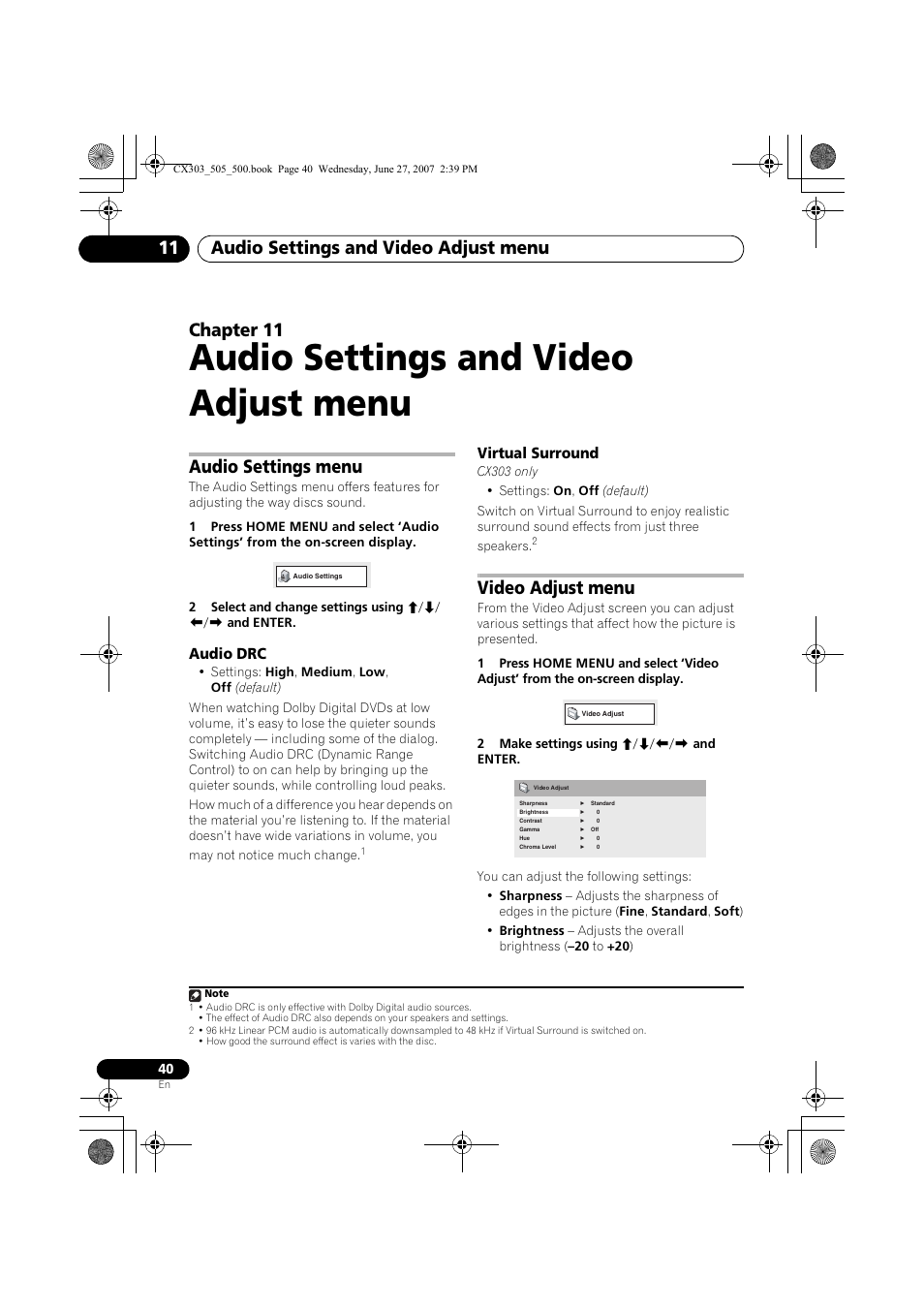 11 audio settings and video adjust menu, Audio settings menu, Audio drc virtual surround | Video adjust menu, Audio settings and video adjust menu, Audio settings and video adjust menu 11, Chapter 11 | Pioneer XV-CX303 User Manual | Page 40 / 60