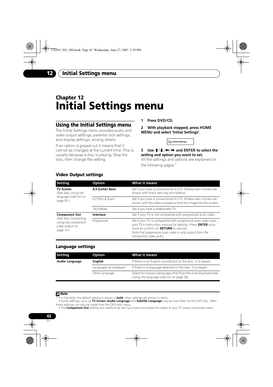 12 initial settings menu, Using the initial settings menu, Video output settings language settings | Initial settings menu, Initial settings menu 12, Chapter 12 | Pioneer XV-CX303 User Manual | Page 42 / 60